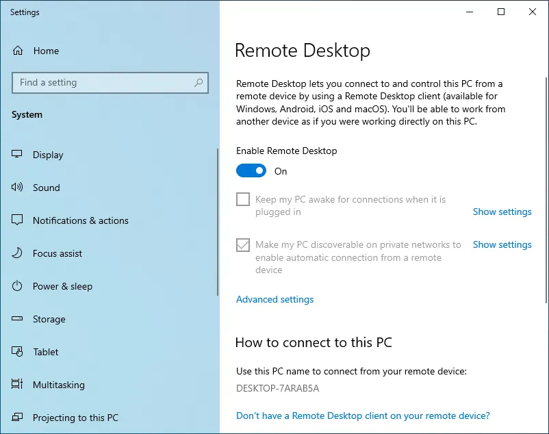 Enable Remote Desktop in Windows