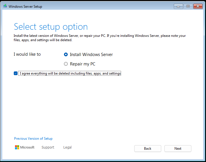 Install Windows Server Setup Page