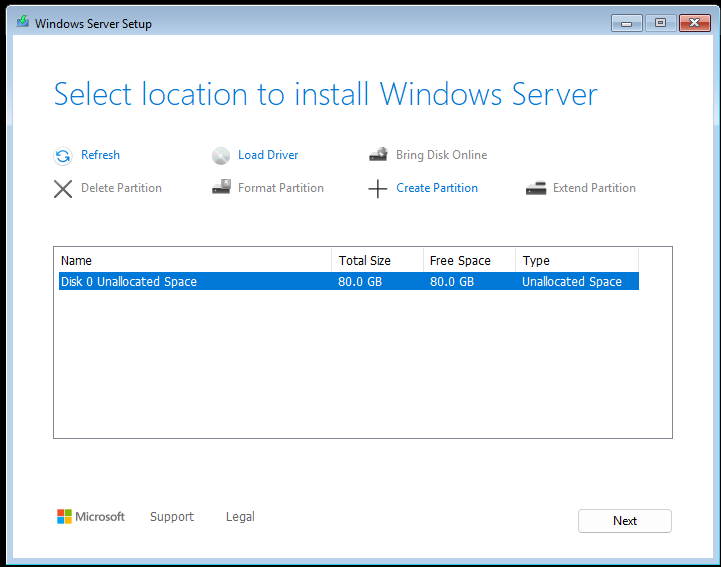 Select Disk Drive for Install Windows Server