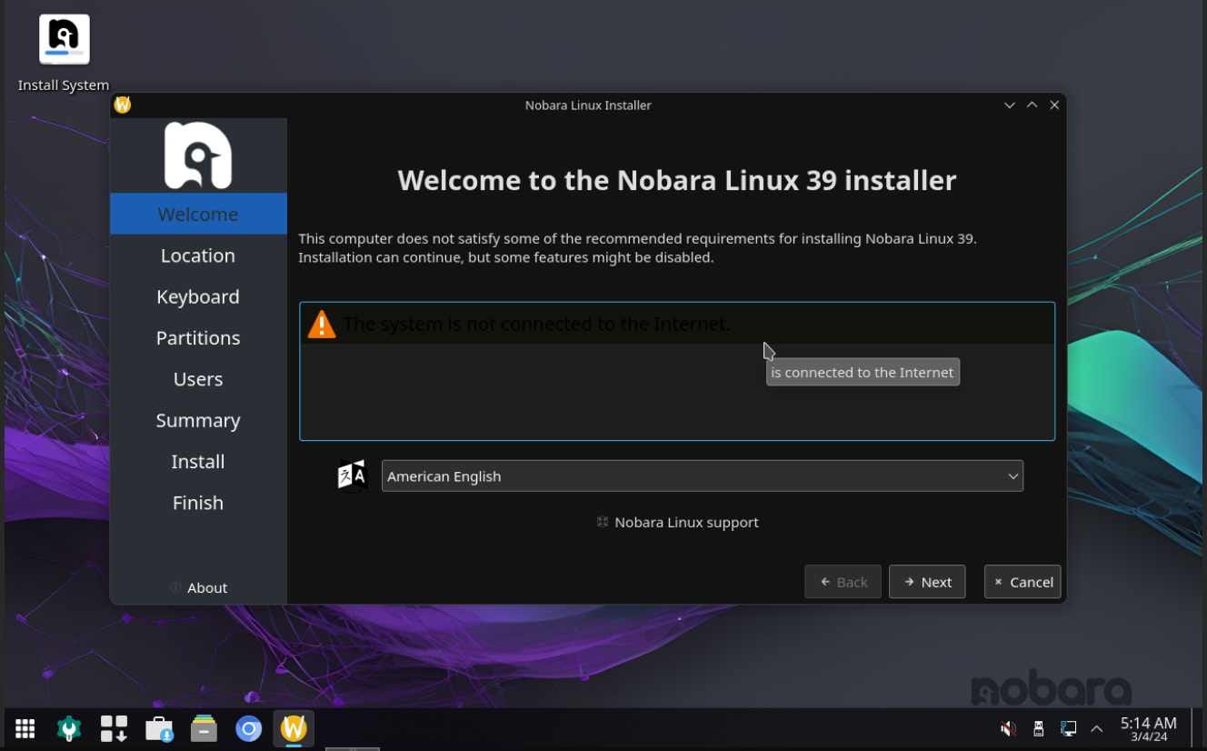 Nobara Linux Installation Welcome Page