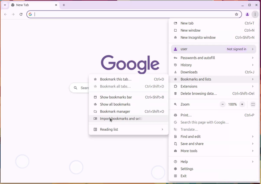 import bookmarks browser tab