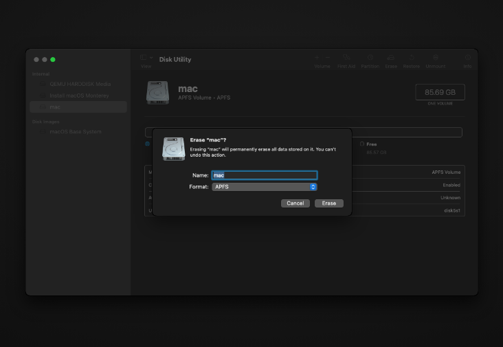 Erase disk when currently macos is installed