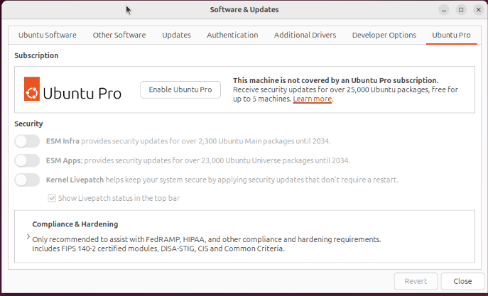 Ubuntu pro window in software and updates