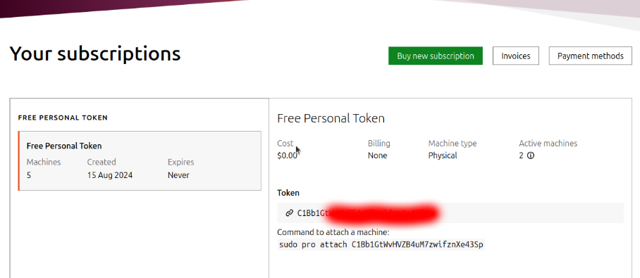 ubuntu pro subscription page for token