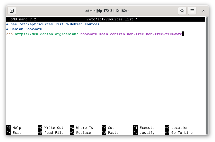 edit debian 12 sourses file