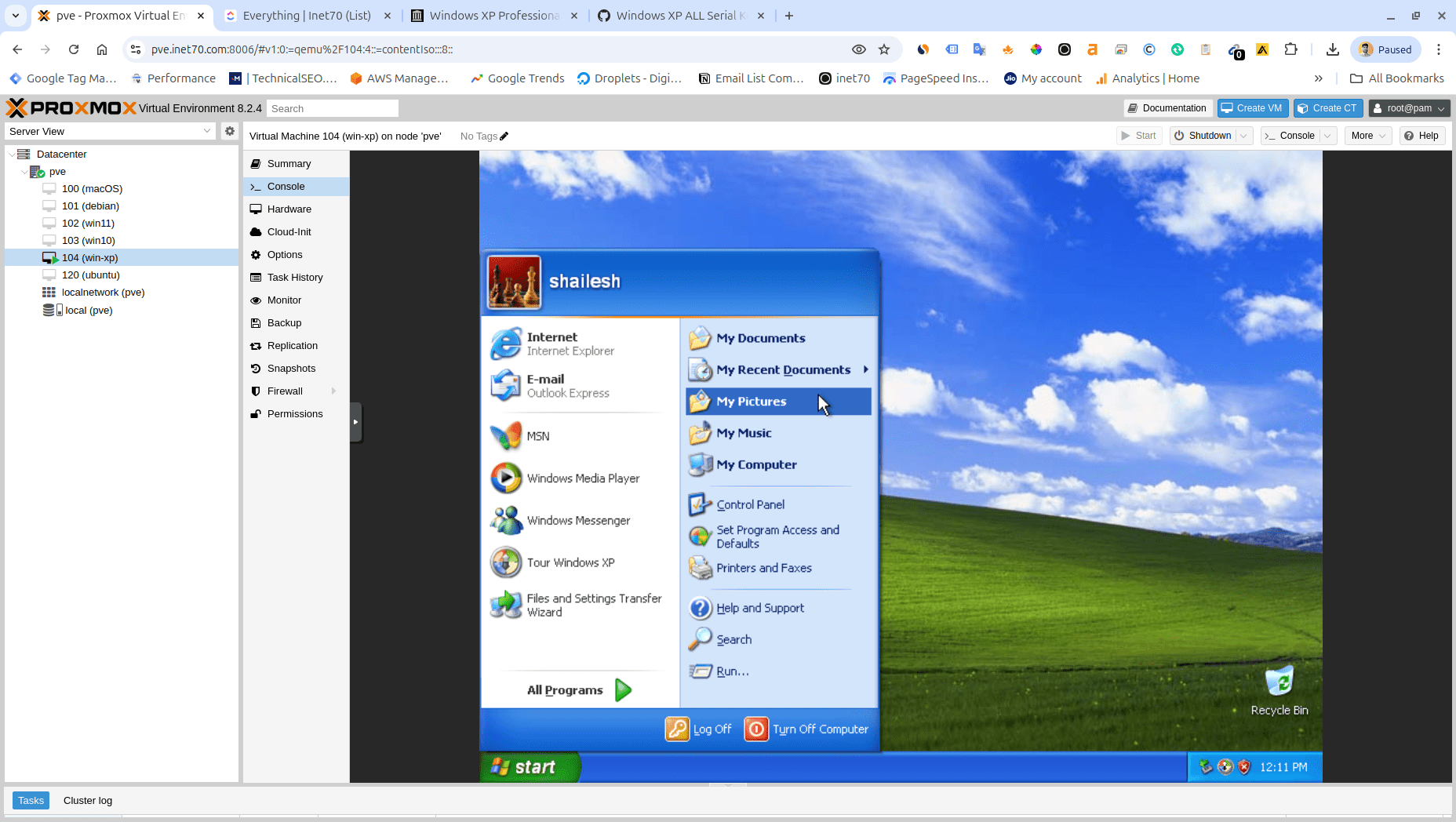 windows xp successfully installed on proxmox